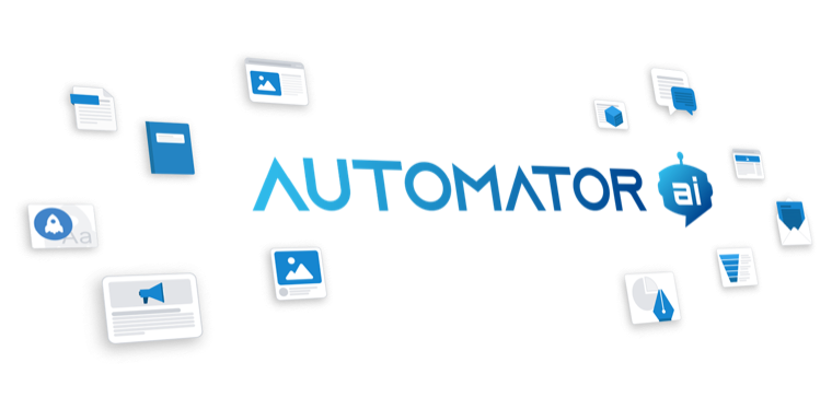 Automator AI logo surrounded by floating app tiles