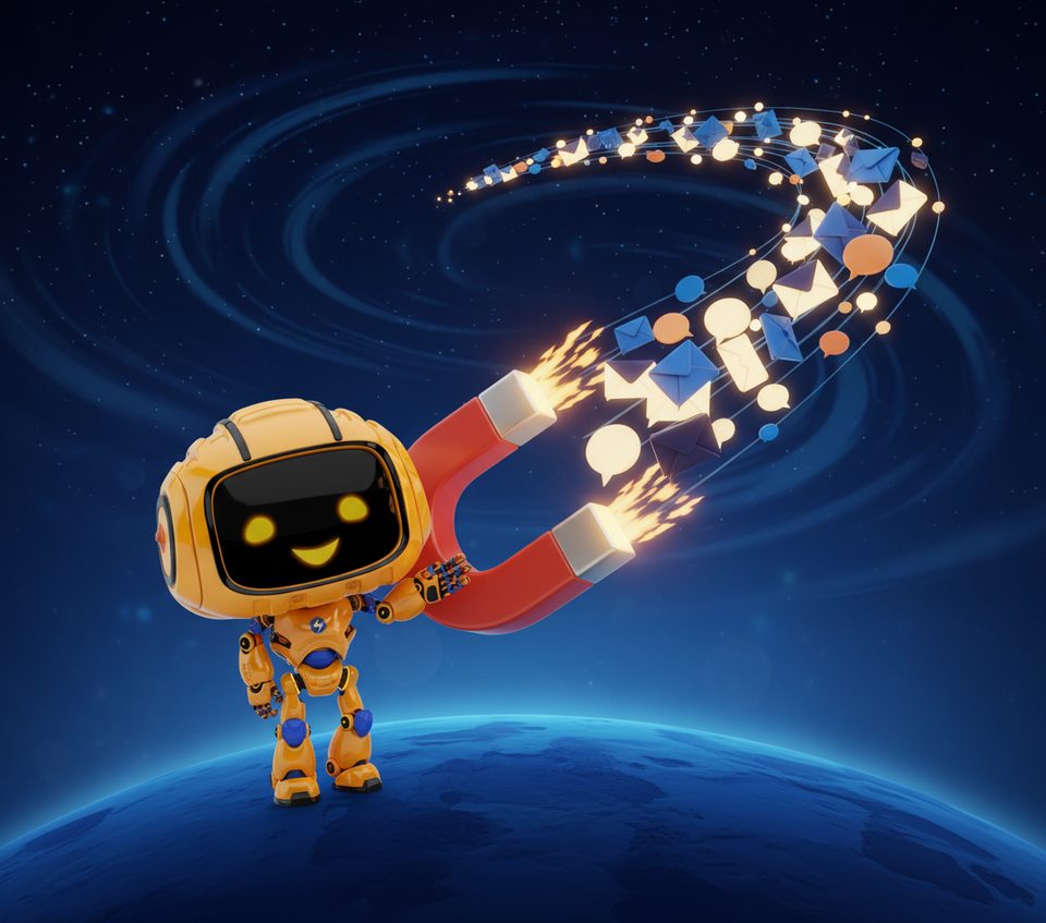 Bob the robot attracting a stream of leads with a giant magnet
