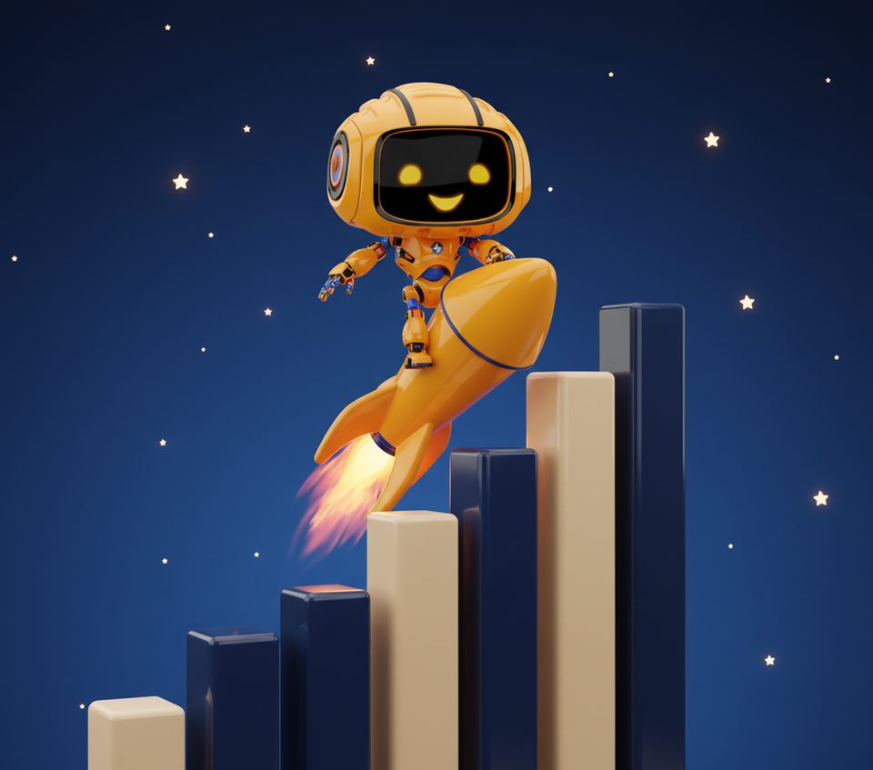 Bob the robot riding a rocket over rising bar charts