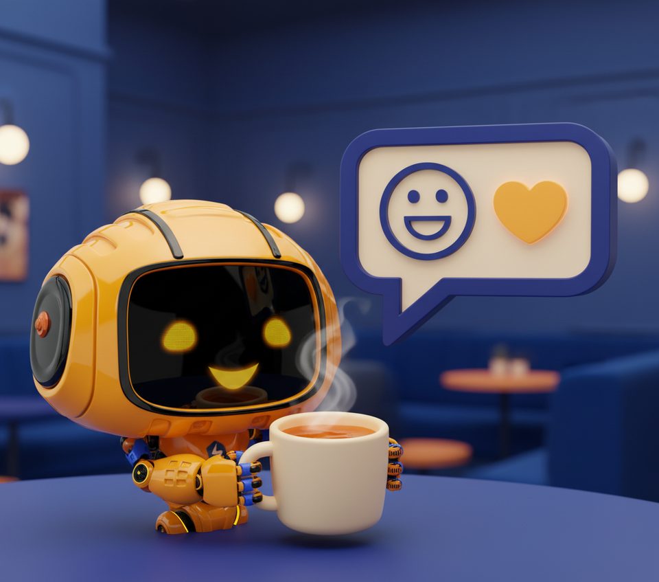 Bob the robot handing a warm drink to a happy customer chat bubble